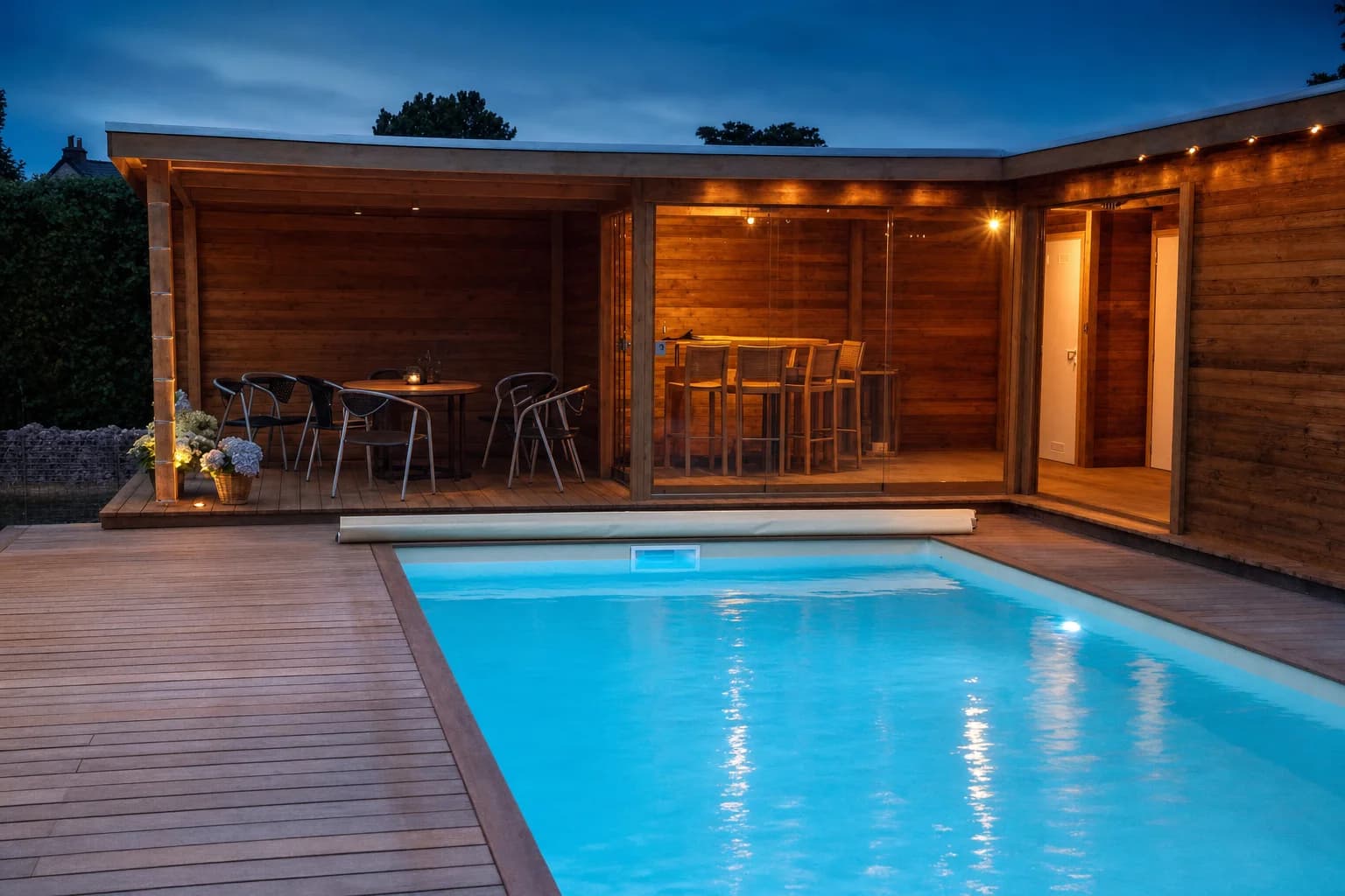 Piscine PBM éclairée en soirée devant un pool house en bois