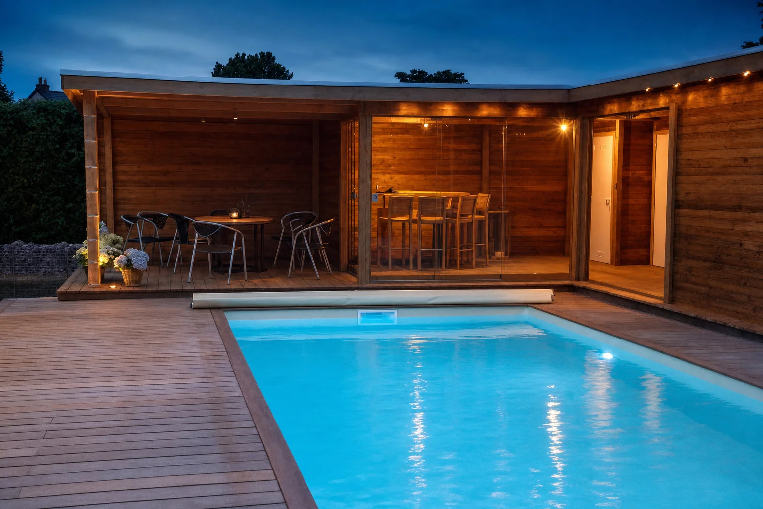 Piscine PBM éclairée en soirée devant un pool house en bois